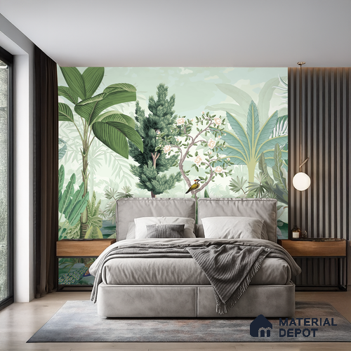 Soft Jungle Symphony Tropical Mist Nature Art | WP 03971 B Canvas Texture Finish Tropical Style luxurious Customized size Wallpaper | 250 GSM WP01CNF Paper | (MOQ = 30 Sq. Ft.)