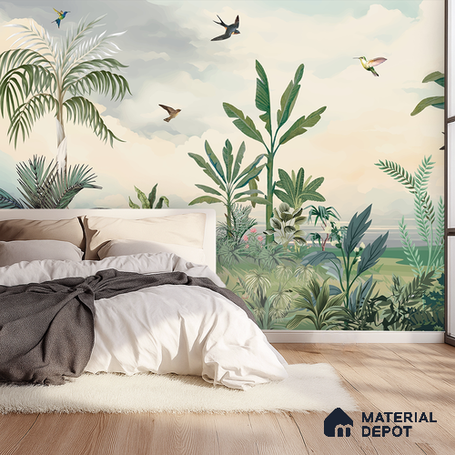 Open Skies Tropical Meadow Mist Nature Art | WP 03987 Non Woven Matte Finish Tropical Style Premium Customized size Wallpaper | 150 GSM WP01MTF Paper | (MOQ = 30 Sq. Ft.)
