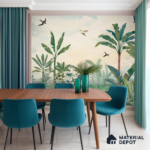 Open Skies Tropical Meadow Mist Nature Art | WP 03987 B Canvas Texture Finish Tropical Style luxurious Customized size Wallpaper | 250 GSM WP01CNF Paper | (MOQ = 30 Sq. Ft.)