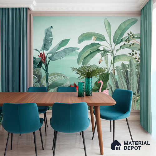Banana Grove Flamingo Escape Tropical Mist Nature Art | WP 03988 B Canvas Texture Finish Tropical Style luxurious Customized size Wallpaper | 250 GSM WP01CNF Paper | (MOQ = 30 Sq. Ft.)