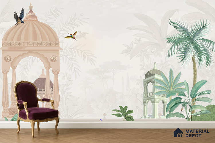 Quiet Courtyard Amber Rajput Leaf Fresco | WP 04177 B Canvas Texture Finish Indian Style luxurious Customized size Wallpaper | 250 GSM WP01CNF Paper | (MOQ = 30 Sq. Ft.) | Design change not possible