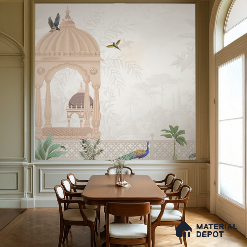 Quiet Courtyard Amber Rajput Leaf Fresco | WP 04177 Non Woven Matte Finish Indian Style Premium Customized size Wallpaper | 150 GSM WP01MTF Paper | (MOQ = 30 Sq. Ft.) | Design change not possible