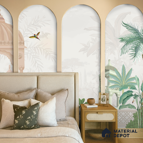 Quiet Courtyard Amber Rajput Leaf Fresco | WP 04177 B Canvas Texture Finish Indian Style luxurious Customized size Wallpaper | 250 GSM WP01CNF Paper | (MOQ = 30 Sq. Ft.) | Design change not possible