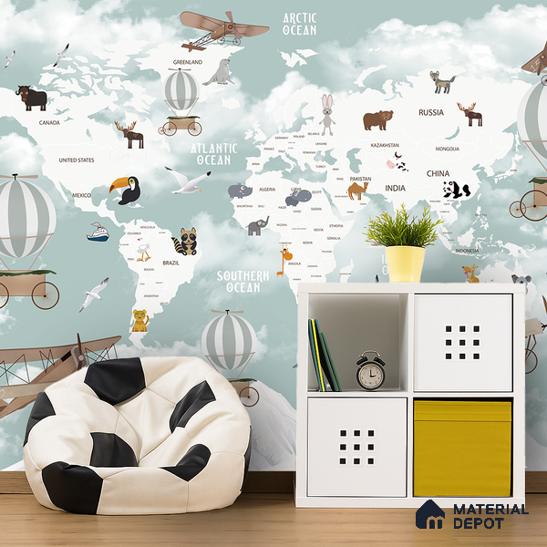Floating World Explorer Map Animal Safari | WP 04077 Canvas Texture Finish Map Style luxurious Customized size Wallpaper | 250 GSM WP01CNF Paper | (MOQ = 30 Sq. Ft.) | Design change not possible