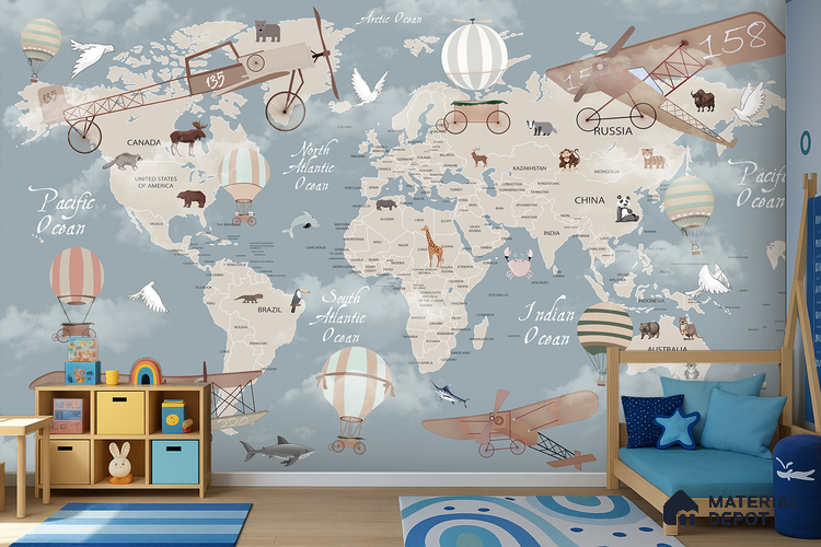 Animals On Journey In The Sky | WP 04074 Canvas Texture Finish Map Style luxurious Customized size Wallpaper | 250 GSM WP01CNF Paper | (MOQ = 30 Sq. Ft.) | Design change not possible