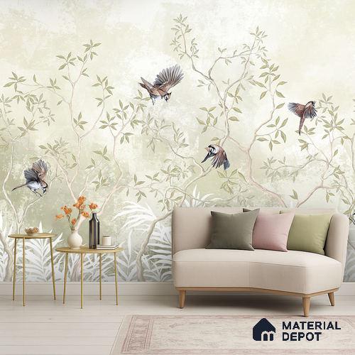Natural Wood-Toned Branches Where the Birds Rest Blush Pink Rose Cluster | WP 04120 Canvas Texture Finish Tropical Style luxurious Customized size Wallpaper | 250 GSM WP01CNF Paper | (MOQ = 30 Sq. Ft.) | Design change not possible