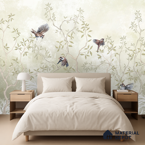 Natural Wood-Toned Branches Where the Birds Rest Blush Pink Rose Cluster | WP 04120 B Non Woven Matte Finish Tropical Style Premium Customized size Wallpaper | 150 GSM WP01MTF Paper | (MOQ = 30 Sq. Ft.) | Design change not possible