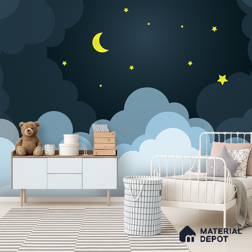Midnight Calmscape Cartoon Moon And Clouds | WP 04071 Canvas Texture Finish Space Style luxurious Customized size Wallpaper | 250 GSM WP01CNF Paper | (MOQ = 30 Sq. Ft.)