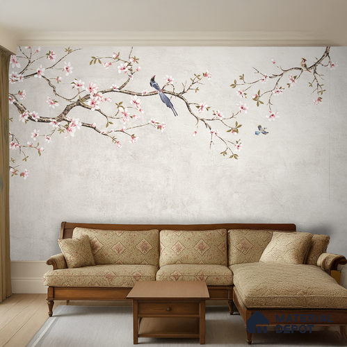 Soft Pearl Blossom Branch Elegance Chinoserie Mural Art | WP 03940 Non Woven Matte Finish Chinoiserie Style Premium Customized size Wallpaper | 150 GSM WP01MTF Paper | (MOQ = 30 Sq. Ft.) | Design change not possible