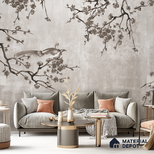 Ink Blossom Bird Reverie Chinoserie Mural Art | WP 03954 B Canvas Texture Finish Chinoiserie Style luxurious Customized size Wallpaper | 250 GSM WP01CNF Paper | (MOQ = 30 Sq. Ft.) | Design change not possible