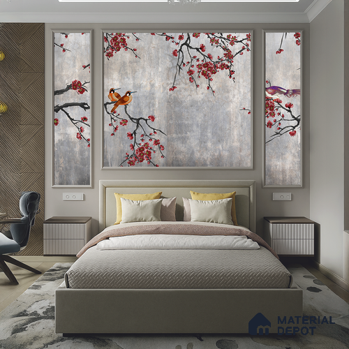 Steel Grey Crimson Blossom Branches Chinoserie Mural Art | WP 03943 B Canvas Texture Finish Chinoiserie Style luxurious Customized size Wallpaper | 250 GSM WP01CNF Paper | (MOQ = 30 Sq. Ft.) | Design change not possible