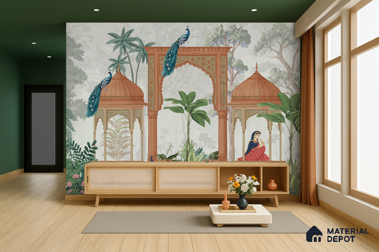 Rajmahal Garden Elegant Haveli Motif | WP 04169 Non Woven Matte Finish Indian Style Premium Customized size Wallpaper | 150 GSM WP01MTF Paper | (MOQ = 30 Sq. Ft.)