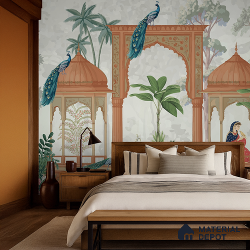 Rajmahal Garden Elegant Haveli Motif | WP 04169 B Canvas Texture Finish Indian Style luxurious Customized size Wallpaper | 250 GSM WP01CNF Paper | (MOQ = 30 Sq. Ft.)