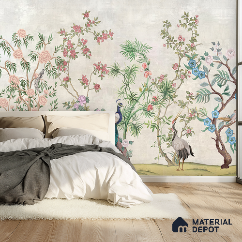 Antique Ivory Imperial Garden Court Orient Bloom Chinoserie Pattern | WP 03941 Non Woven Matte Finish Chinoiserie Style Premium Customized size Wallpaper | 150 GSM WP01MTF Paper | (MOQ = 30 Sq. Ft.) | Design change not possible