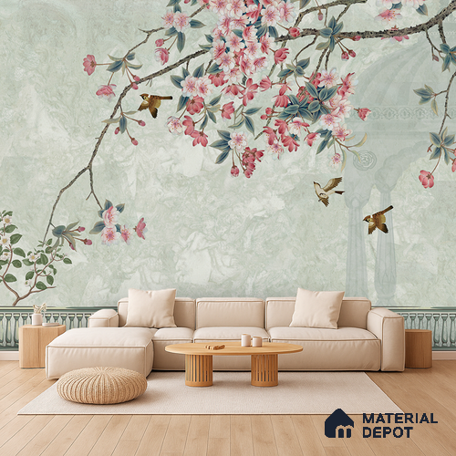 Pale Jade Cherry Blossom Mural Ornate Birds Chinoserie Classic | WP 03938 Non Woven Matte Finish Chinoiserie Style Premium Customized size Wallpaper | 150 GSM WP01MTF Paper | (MOQ = 30 Sq. Ft.) | Design change not possible