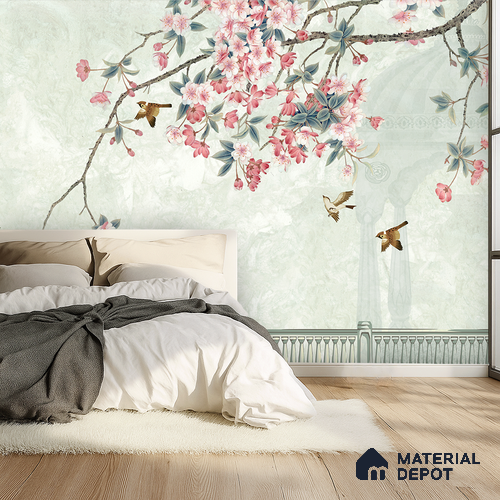 Pale Jade Cherry Blossom Mural Ornate Birds Chinoserie Classic | WP 03938 B Canvas Texture Finish Chinoiserie Style luxurious Customized size Wallpaper | 250 GSM WP01CNF Paper | (MOQ = 30 Sq. Ft.) | Design change not possible