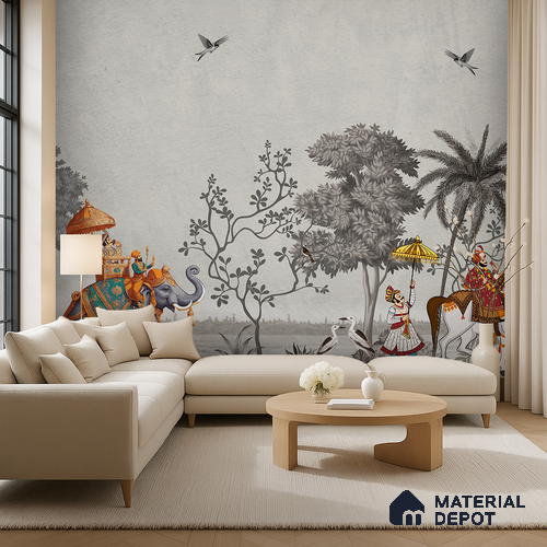 Shahi Yatra Patola Inspired Saffron Art | WP 04173 Non Woven Matte Finish Indian Style Premium Customized size Wallpaper | 150 GSM WP01MTF Paper | (MOQ = 30 Sq. Ft.) | Design change not possible