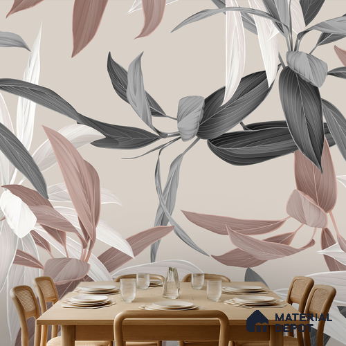 Calm Botanical Rhythm Peachy Coral Floral Layer | WP 04138 Canvas Texture Finish Tropical Style luxurious Customized size Wallpaper | 250 GSM WP01CNF Paper | (MOQ = 30 Sq. Ft.)