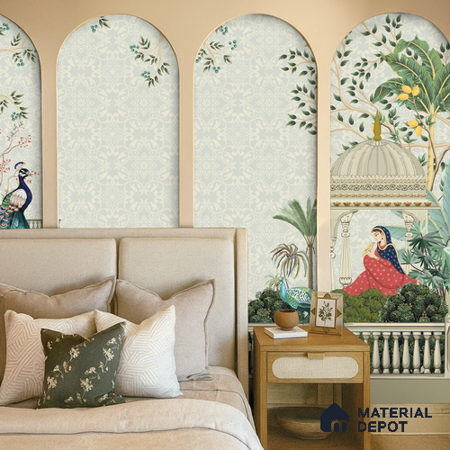 Peacocks of the Royal Garden Pattern | WP 04187 B Canvas Texture Finish Indian Style luxurious Customized size Wallpaper | 250 GSM WP01CNF Paper | (MOQ = 30 Sq. Ft.)