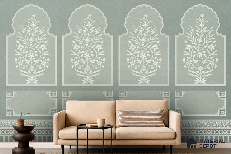 Ivory Jharokha Rangoli Style Leaf Bloom | WP 04164 Non Woven Matte Finish Indian Style Premium Customized size Wallpaper | 150 GSM WP01MTF Paper | (MOQ = 30 Sq. Ft.) | Design change not possible