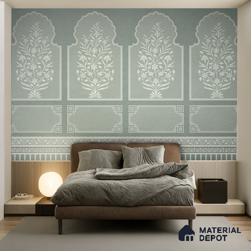 Ivory Jharokha Rangoli Style Leaf Bloom | WP 04164 B Canvas Texture Finish Indian Style luxurious Customized size Wallpaper | 250 GSM WP01CNF Paper | (MOQ = 30 Sq. Ft.) | Design change not possible