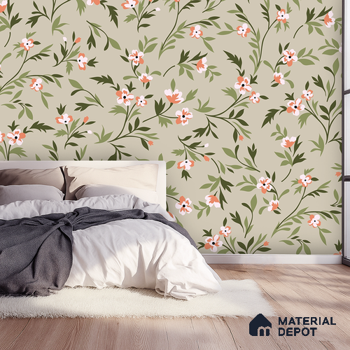 Wildflowers on Sage Ground Tangerine Bloom Brush Effect | WP 04118 B Non Woven Matte Finish Florals Style Premium Customized size Wallpaper | 150 GSM WP01MTF Paper | (MOQ = 30 Sq. Ft.)