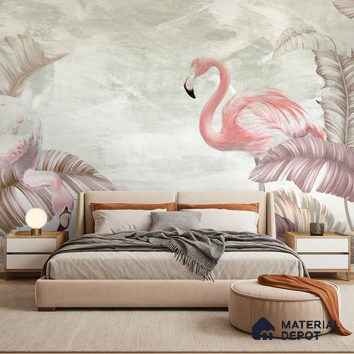 Blush Flamingo Palm Serenity Tropical Mist Nature Art | WP 03960 B Canvas Texture Finish Tropical Style luxurious Customized size Wallpaper | 250 GSM WP01CNF Paper | (MOQ = 30 Sq. Ft.) | Design change not possible