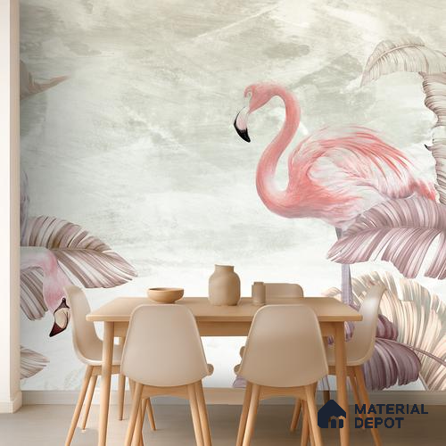 Blush Flamingo Palm Serenity Tropical Mist Nature Art | WP 03960 B Canvas Texture Finish Tropical Style luxurious Customized size Wallpaper | 250 GSM WP01CNF Paper | (MOQ = 30 Sq. Ft.) | Design change not possible