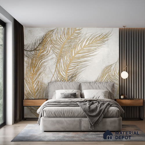 Gilded Plume Whisper Abstract Nature Art | WP 03996 Non Woven Matte Finish Tropical Style Premium Customized size Wallpaper | 150 GSM WP01MTF Paper | (MOQ = 30 Sq. Ft.) | Design change not possible