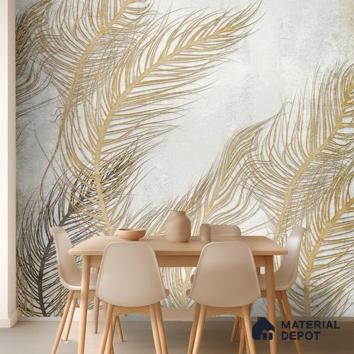 Gilded Plume Whisper Abstract Nature Art | WP 03996 B Canvas Texture Finish Tropical Style luxurious Customized size Wallpaper | 250 GSM WP01CNF Paper | (MOQ = 30 Sq. Ft.) | Design change not possible