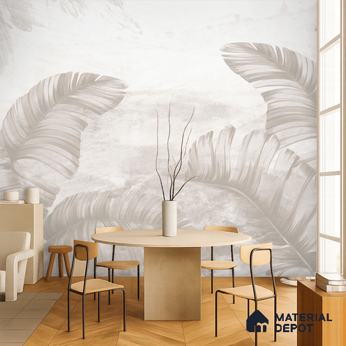 Ivory Banana Leaf Whisper Tropical Mist Nature Art | WP 03957 B Canvas Texture Finish Tropical Style luxurious Customized size Wallpaper | 250 GSM WP01CNF Paper | (MOQ = 30 Sq. Ft.) | Design change not possible