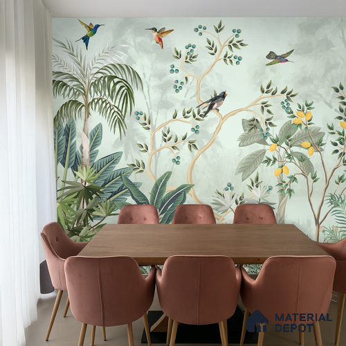 Citrine Grove Songbirds Tropical Mist Nature Art | WP 03985 B Canvas Texture Finish Tropical Style luxurious Customized size Wallpaper | 250 GSM WP01CNF Paper | (MOQ = 30 Sq. Ft.)