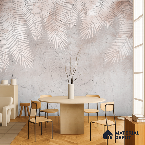 Palm Veil Plaster Abstract Nature Art | WP 03997 B Canvas Texture Finish Tropical Style luxurious Customized size Wallpaper | 250 GSM WP01CNF Paper | (MOQ = 30 Sq. Ft.) | Design change not possible