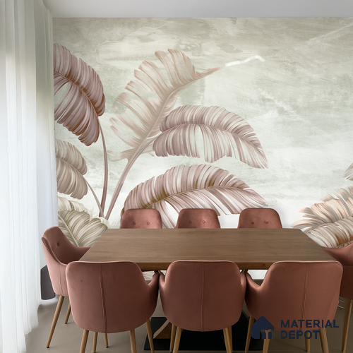 Blush Banana Leaf Hush Tropical Mist Nature Art | WP 03958 B Canvas Texture Finish Tropical Style luxurious Customized size Wallpaper | 250 GSM WP01CNF Paper | (MOQ = 30 Sq. Ft.) | Design change not possible