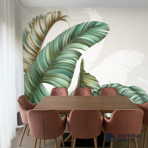 Sculpted Banana Leaf Calm Tropical Mist Nature Art | WP 03956 Non Woven Matte Finish Tropical Style Premium Customized size Wallpaper | 150 GSM WP01MTF Paper | (MOQ = 30 Sq. Ft.) | Design change not possible