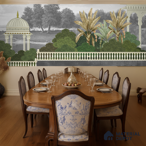 Reflections of the Palace Vedic | WP 04197 B Canvas Texture Finish Indian Style luxurious Customized size Wallpaper | 250 GSM WP01CNF Paper | (MOQ = 30 Sq. Ft.) | Design change not possible