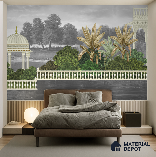 Reflections of the Palace Vedic | WP 04197 B Canvas Texture Finish Indian Style luxurious Customized size Wallpaper | 250 GSM WP01CNF Paper | (MOQ = 30 Sq. Ft.) | Design change not possible