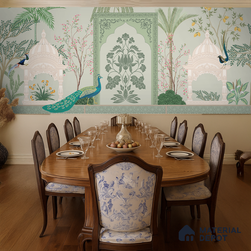 Ornamental Courtyard Pichwai | WP 04188 B Canvas Texture Finish Indian Style luxurious Customized size Wallpaper | 250 GSM WP01CNF Paper | (MOQ = 30 Sq. Ft.)