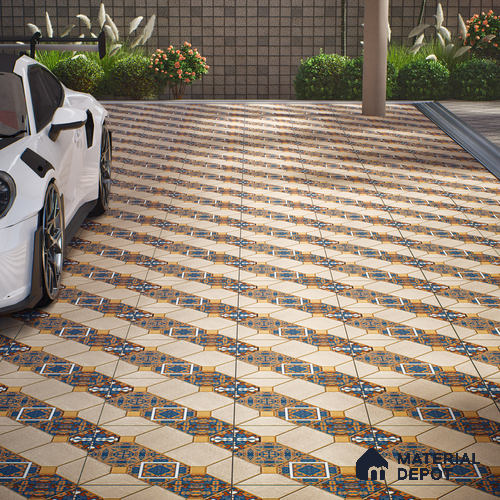 TL 01609 Cream & Blue 16 x 16 inch Matte Finish Vitrified Parking Floor Tile - 12 mm | Pattern Alignment May Vary | 2-3 mm Spacer is Mandatory