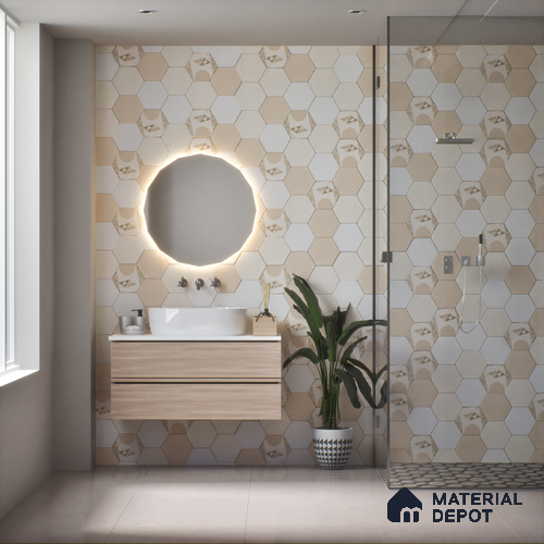 Hexagonal Wall Tile TL 05097 Geome Fellow Badami 12 x 10 inch Vitrified Matte Finish - 9 mm | Suitable for Living Room, Bedroom, Bathroom, Kitchen & Balcony