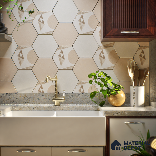 Hexagonal Wall Tile TL 05097 Geome Fellow Badami 12 x 10 inch Vitrified Matte Finish - 9 mm | Suitable for Living Room, Bedroom, Bathroom, Kitchen & Balcony