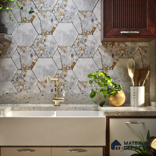 Hexagonal Wall Tile TL 05098 B Geome Fellow Cemento 12 x 10 inch Vitrified Matte Finish - 9 mm | Suitable for Living Room, Bedroom, Bathroom, Kitchen & Balcony