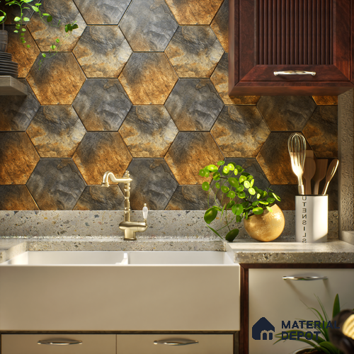 Hexagonal Wall Tile TL 05099 Geome Fellow Fire 12 x 10 inch Vitrified Matte Finish - 9 mm | Suitable for Living Room, Bedroom, Bathroom, Kitchen & Balcony