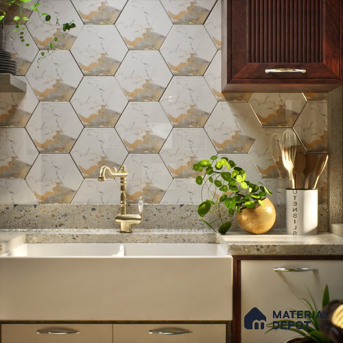 Hexagonal Wall Tile TL 05110 Geome Fellow Grande 12 x 10 inch Vitrified Glossy Finish - 9 mm | Suitable for Living Room, Bedroom, Bathroom, Kitchen & Balcony