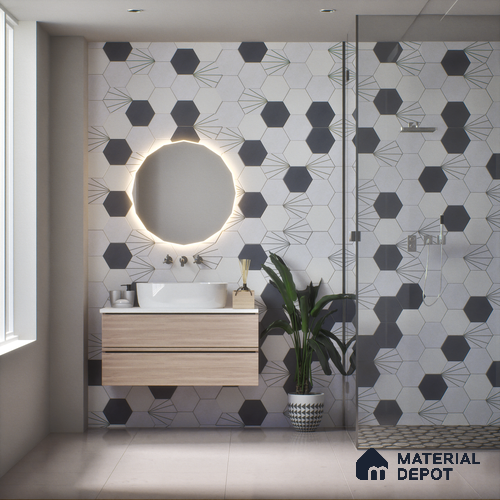 Hexagonal Wall Tile TL 05101 Geome Fellow Ray 12 x 10 inch Vitrified Matte Finish - 9 mm | Suitable for Living Room, Bedroom, Bathroom, Kitchen & Balcony