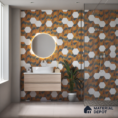 Hexagonal Wall Tile TL 05102 Geome Fellow Rock 12 x 10 inch Vitrified Matte Finish - 9 mm | Suitable for Living Room, Bedroom, Bathroom, Kitchen & Balcony