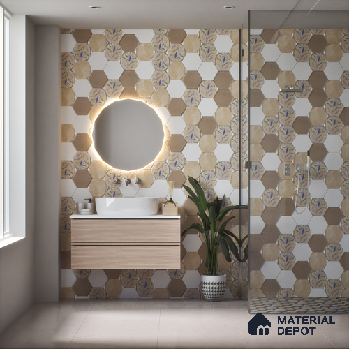 Hexagonal Wall Tile TL 05105 B Geome Framery Flora 12 x 10 inch Vitrified Matte Finish - 9 mm | Suitable for Living Room, Bedroom, Bathroom, Kitchen & Balcony