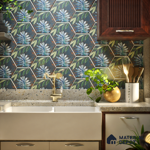 Hexagonal Wall Tile TL 05108 B Geome Lineout Algae Highlighter 12 x 10 inch Vitrified Matte Finish - 9 mm | Suitable for Living Room, Bedroom, Bathroom, Kitchen & Balcony