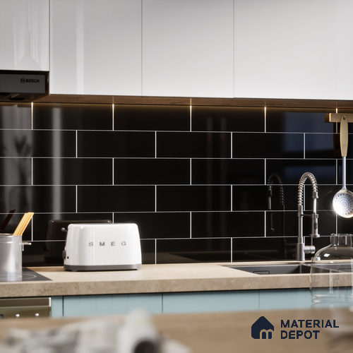 Subway Wall Tile TL 04967 G El Clasico Plain Slim Black 12 x 4 inch Ceramic Glossy Finish - 7.5 mm | Suitable for Highlighter Walls, Foyer, Bathroom, Kitchen Wall & Backsplashes