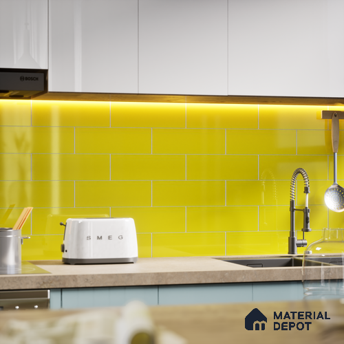 Subway Wall Tile TL 04967 I El Clasico Plain Mellow Yellow 12 x 4 inch Ceramic Glossy Finish - 7.5 mm | Suitable for Highlighter Walls, Foyer, Bathroom, Kitchen Wall & Backsplashes
